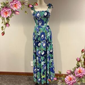 Japan Floral Blue and Green Maxi Dress with cut out details size small